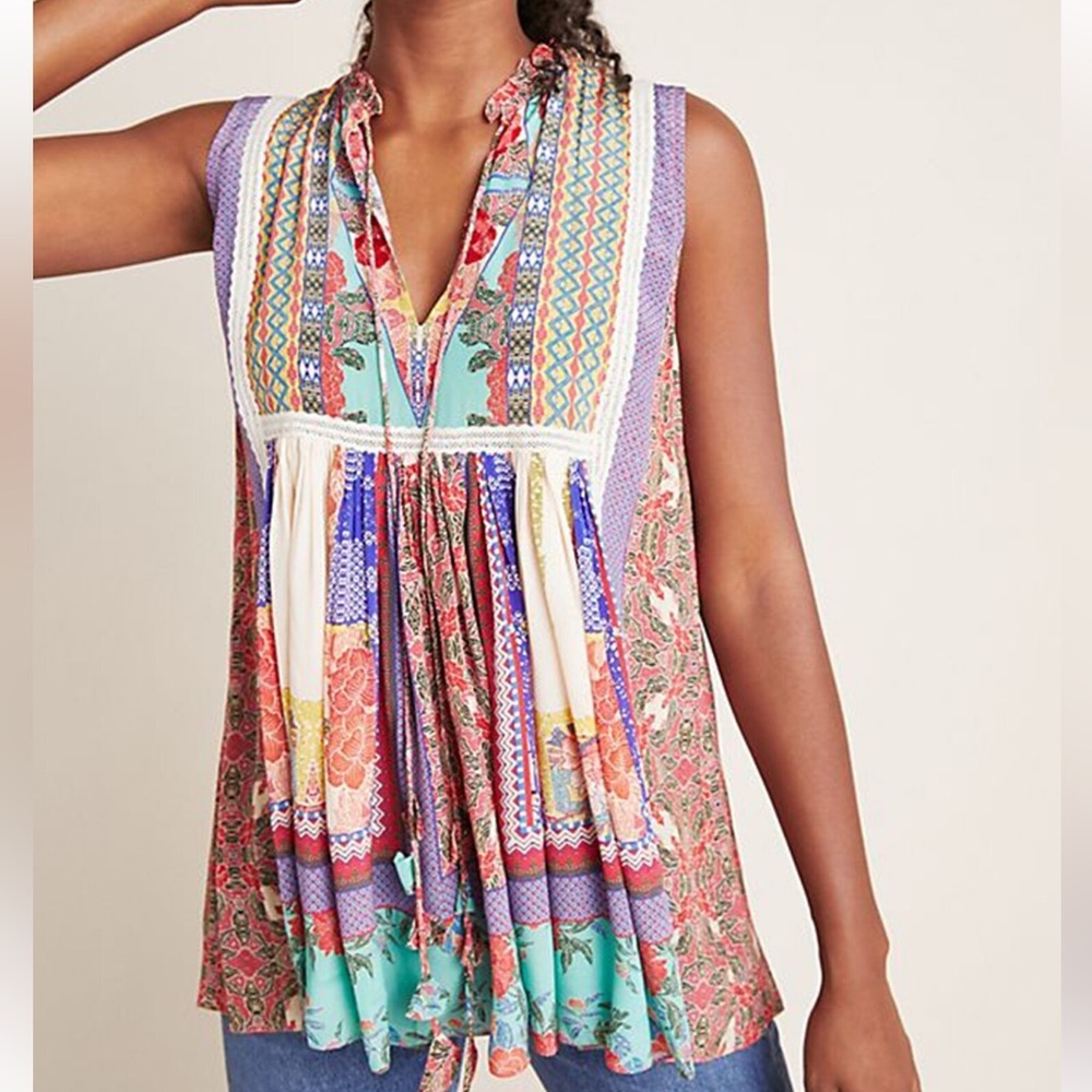 Bhanuni By Jyoti Viscose Crepe Notched Printed Sleeveless Blouse XS